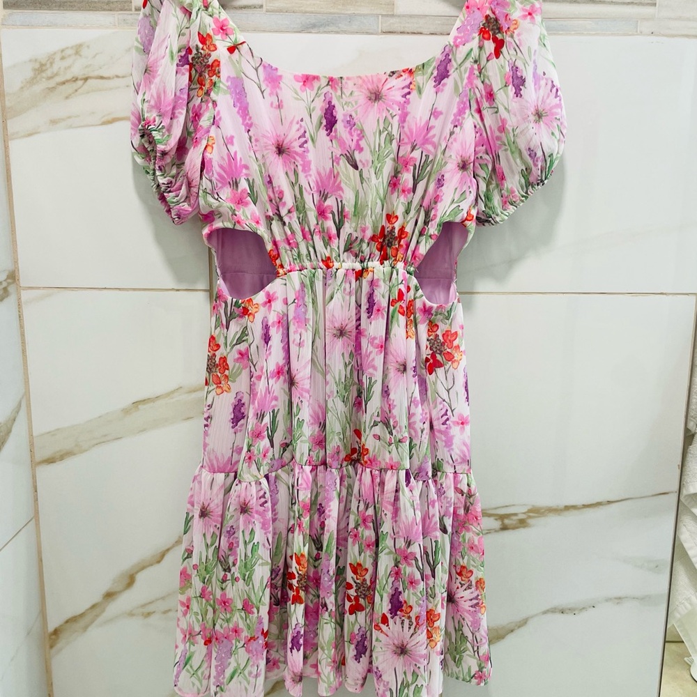 Taylor Pink Floral Cut-Out Puff Sleeve Mini Dress Size 2 - Picture 4 of 9